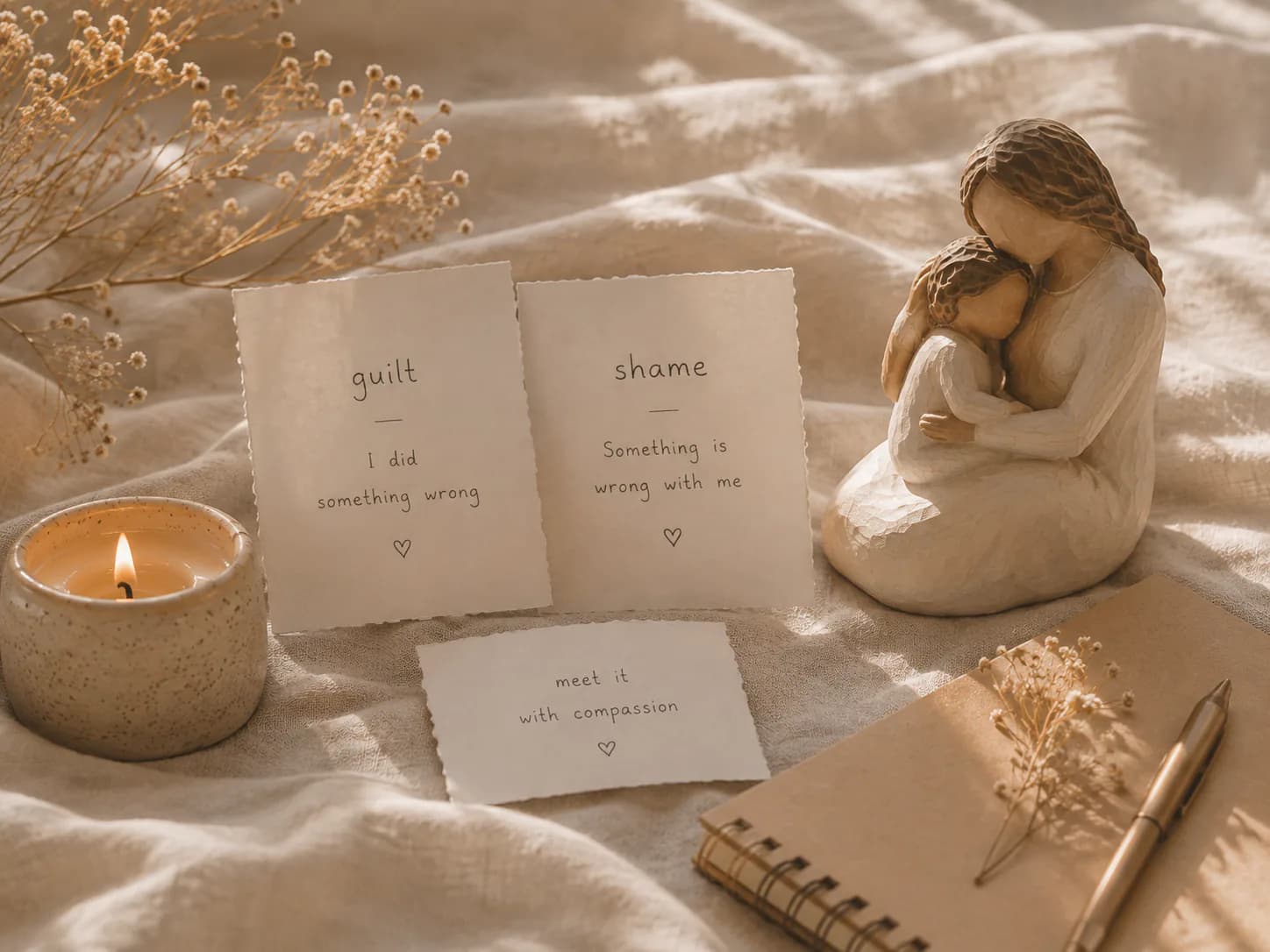 A journal and candle arranged for a gentle self-compassion practice
