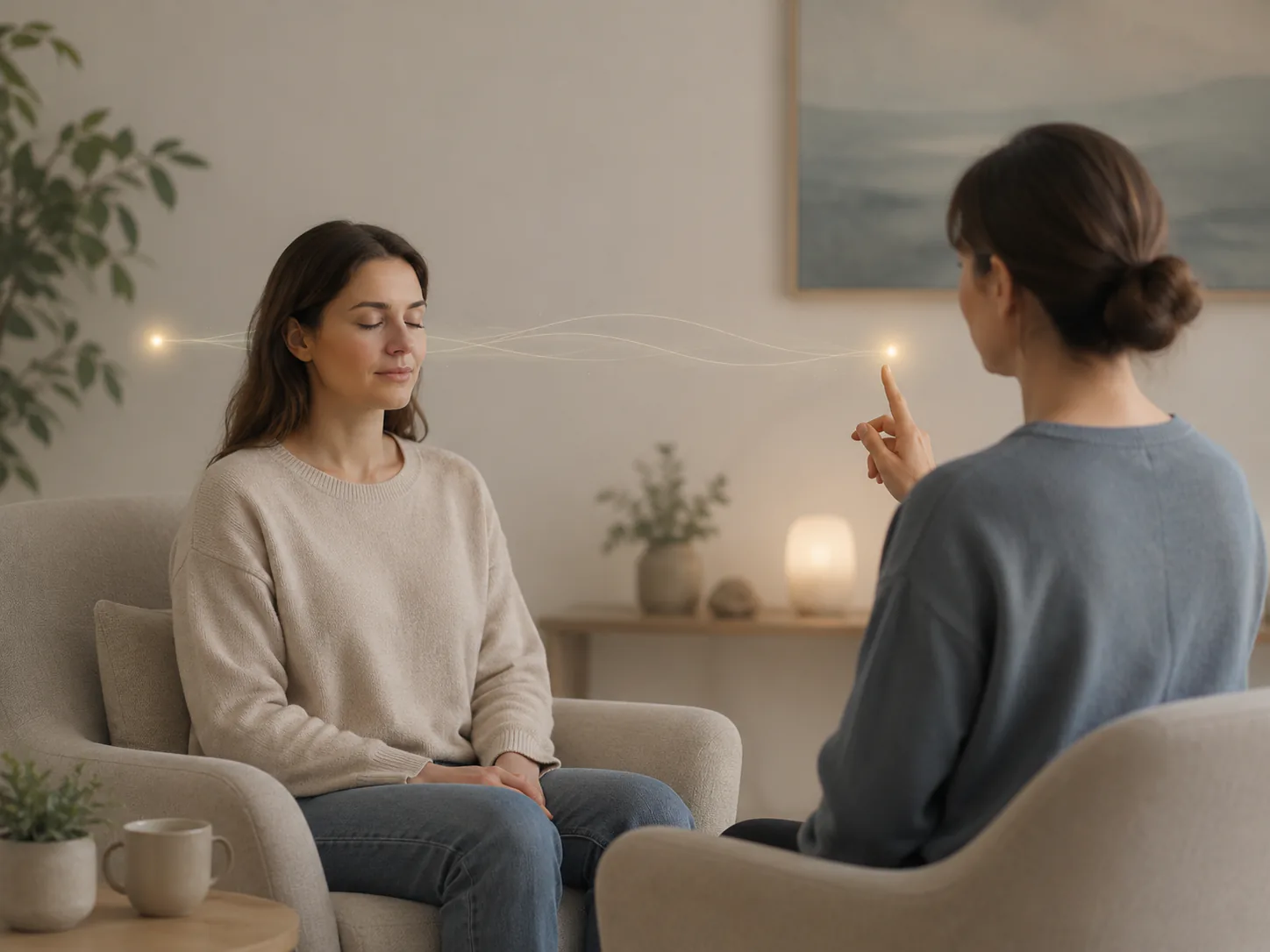 A therapist and client seated across from each other during an EMDR session