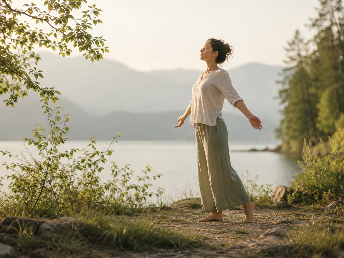 A woman breathing deeply outdoors as part of a body-based grounding practice