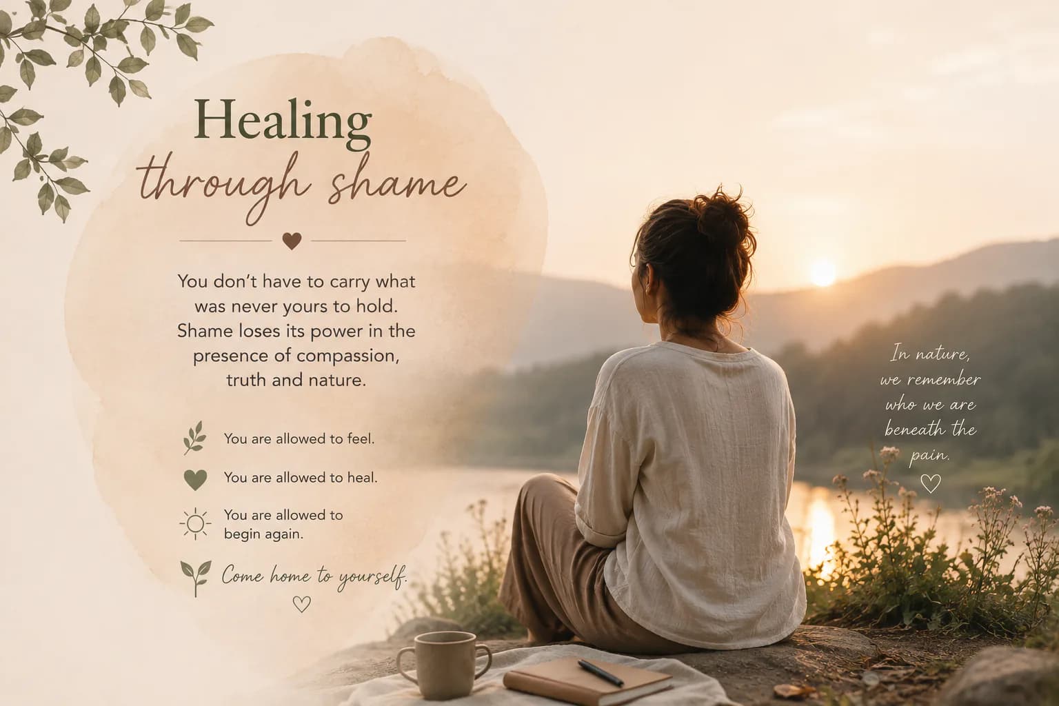 A woman sitting outdoors at sunset with a gentle reminder that healing through shame is possible
